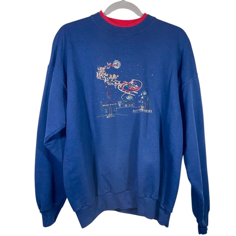VTG 90’s Christmas Santa Reindeer Embroidered Crewneck Sweater Size Large